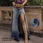 Urban Denim Skirt With Irregular Hem High Waist And Split