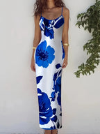 Floral Print Floor Length Dress With Low Cut Neckline Elegant Sling