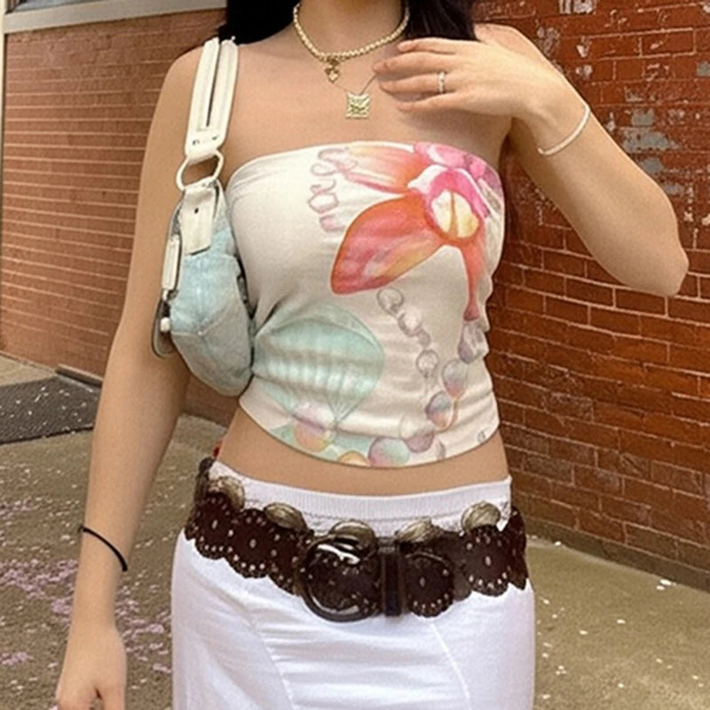 Floral Seashell Print Strapless Tank For Women Stretchy Sleeveless