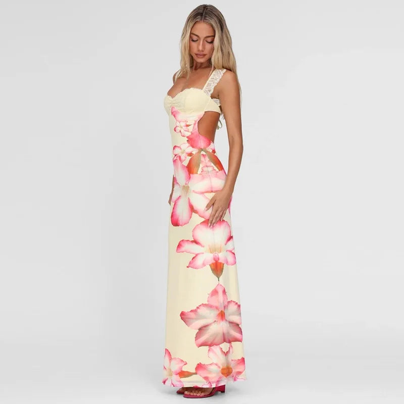 Romantic Lace Backless Maxi Dress With Floral Mesh