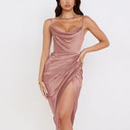 Elegant Satin Halter Dress Ruched High Slit Midi