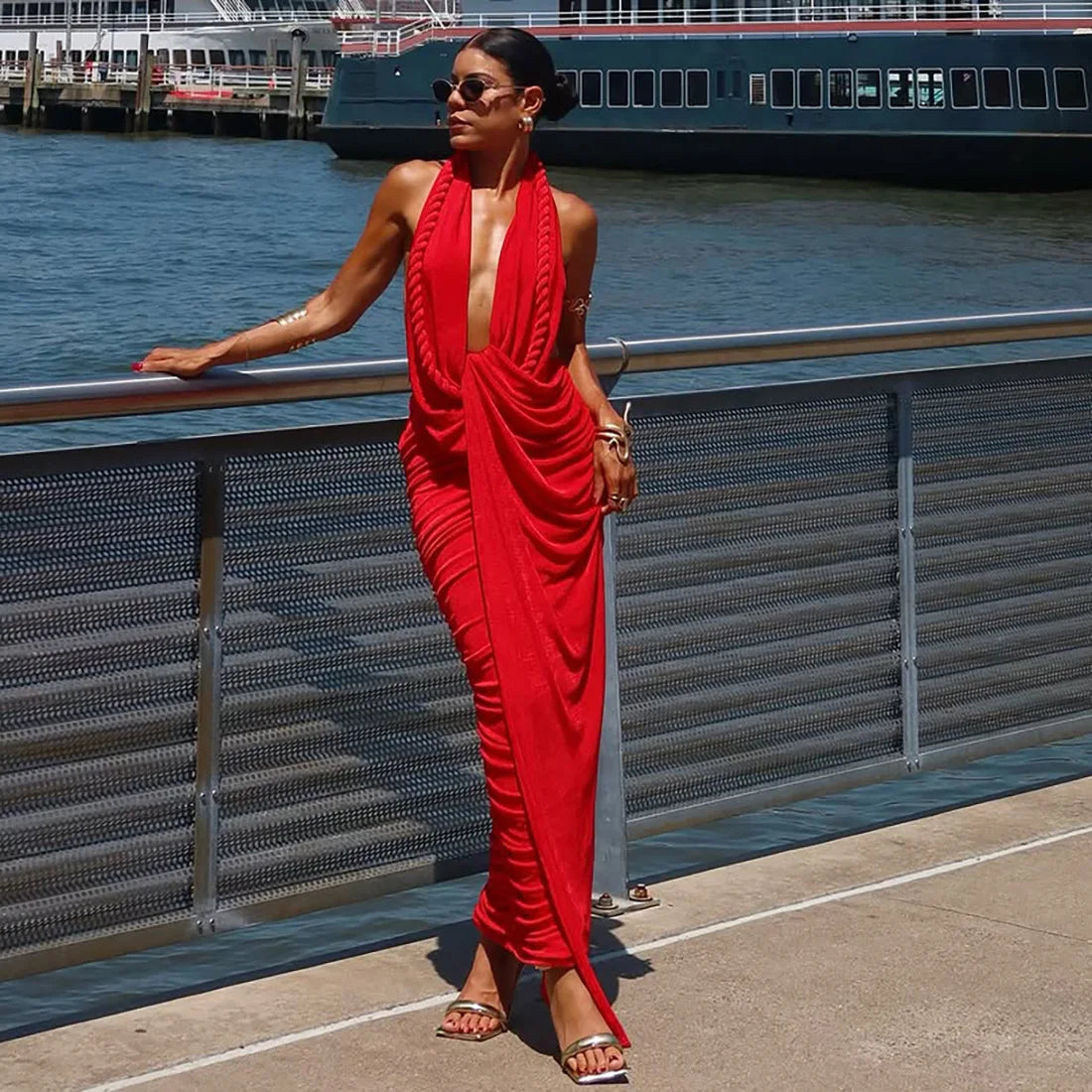 Sleeveless Deep V-Neck Backless Pleated Pencil Dress