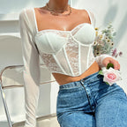 Sexy Lace Mesh Corset Top With Long Sleeves And Square Neck
