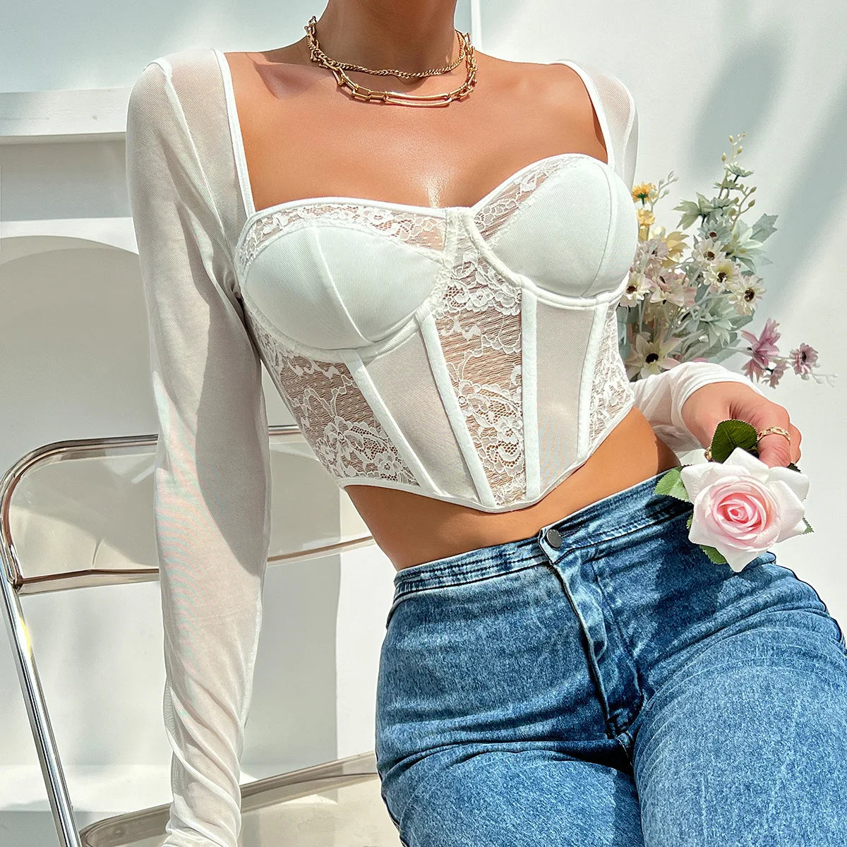 Sexy Lace Mesh Corset Top With Long Sleeves And Square Neck