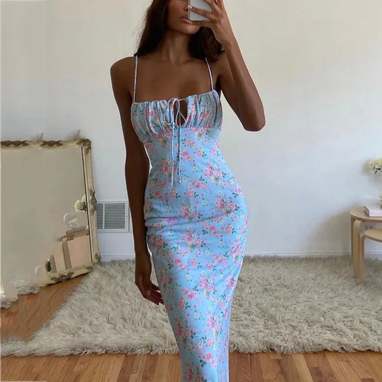 Floral Print Spaghetti Strap Maxi Dress With Lace Up Detail