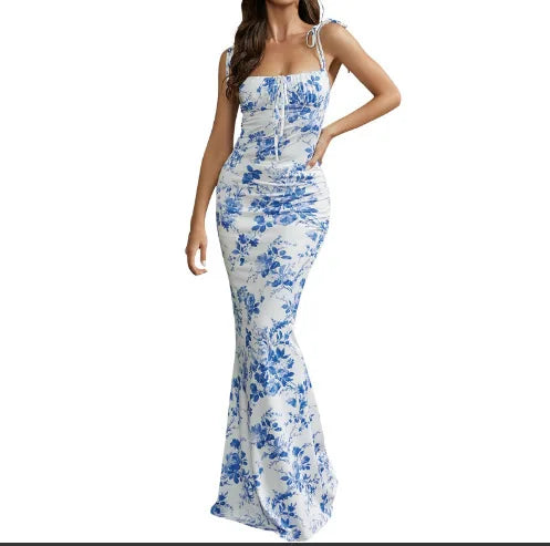 Floral Print Spaghetti Strap Maxi Dress With Lace Up Detail