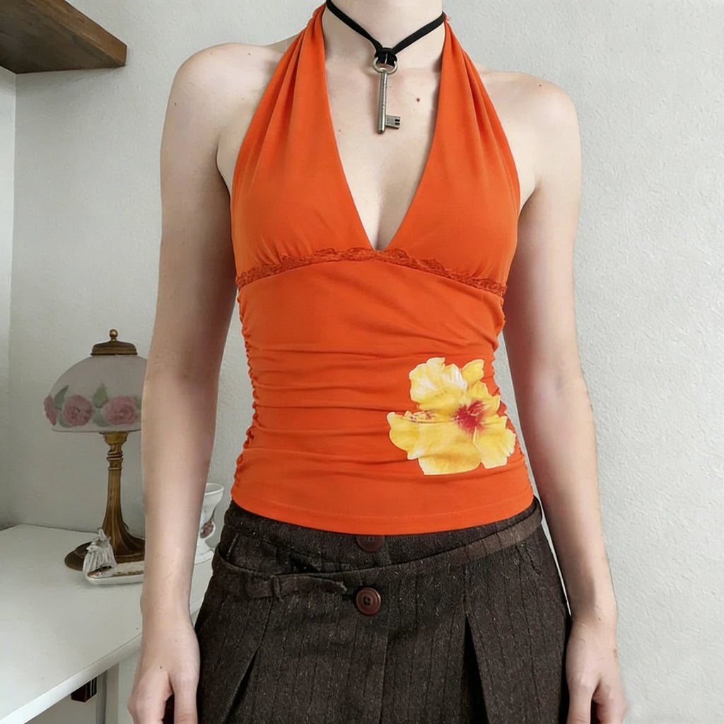 Vibrant Orange Hibiscus Halter Crop Top With Lace Insert