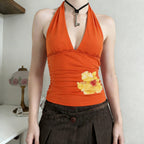 Vibrant Orange Hibiscus Halter Crop Top With Lace Insert