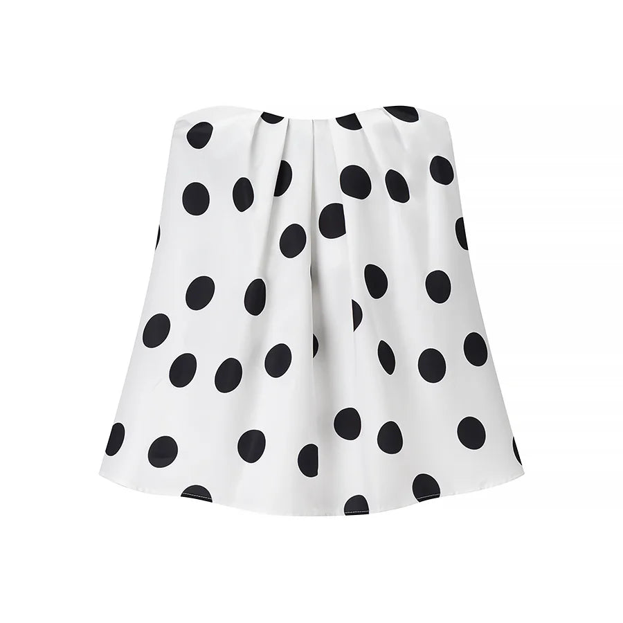 White Polka Dot Two Piece Set Vintage Strapless Top and Pants Women's Suit for Modern Glam