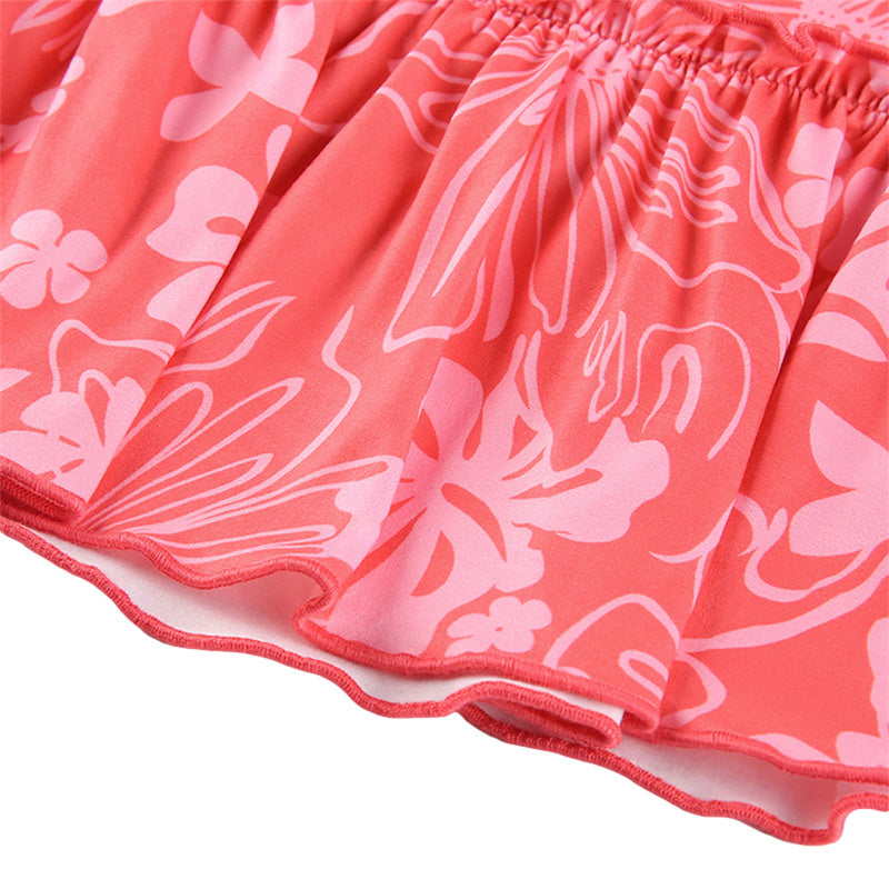 Ruffles A-Line Mini Skirt With Floral Print High Waist Frill Trim Above Knee
