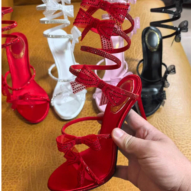 Ankle Snake Wrap Sandals With Floral Detail