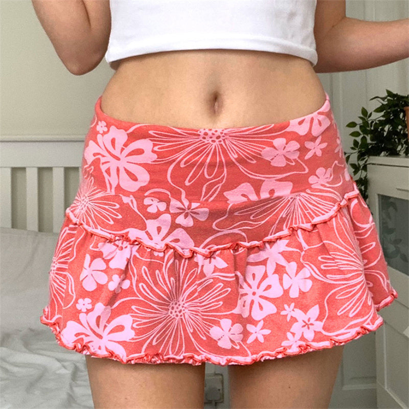 Ruffles A-Line Mini Skirt With Floral Print High Waist Frill Trim Above Knee