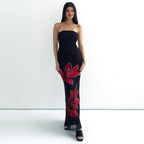 Backless Floral Bustier Maxi Dress With Lace Up Back And Cinched Waist