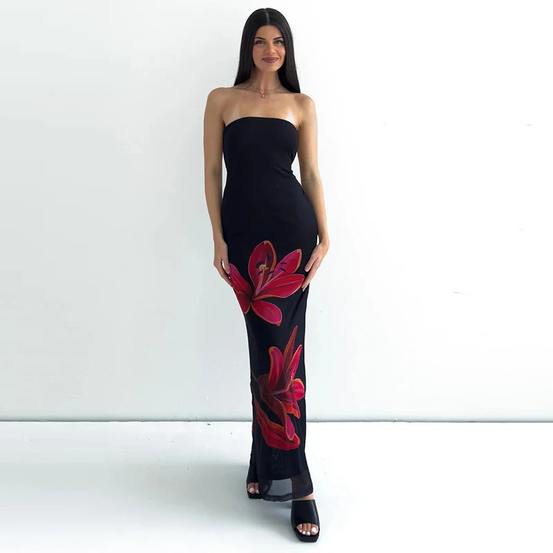 Backless Floral Bustier Maxi Dress With Lace Up Back And Cinched Waist