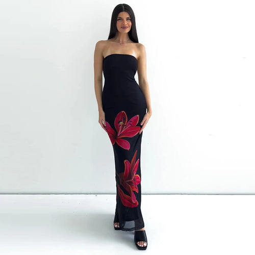 Backless Floral Bustier Maxi Dress With Lace Up Back And Cinched Waist