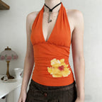 Vibrant Orange Hibiscus Halter Crop Top With Lace Insert