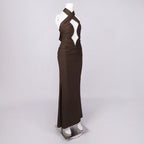 Brown Hollow Out Halter Satin Maxi Dress