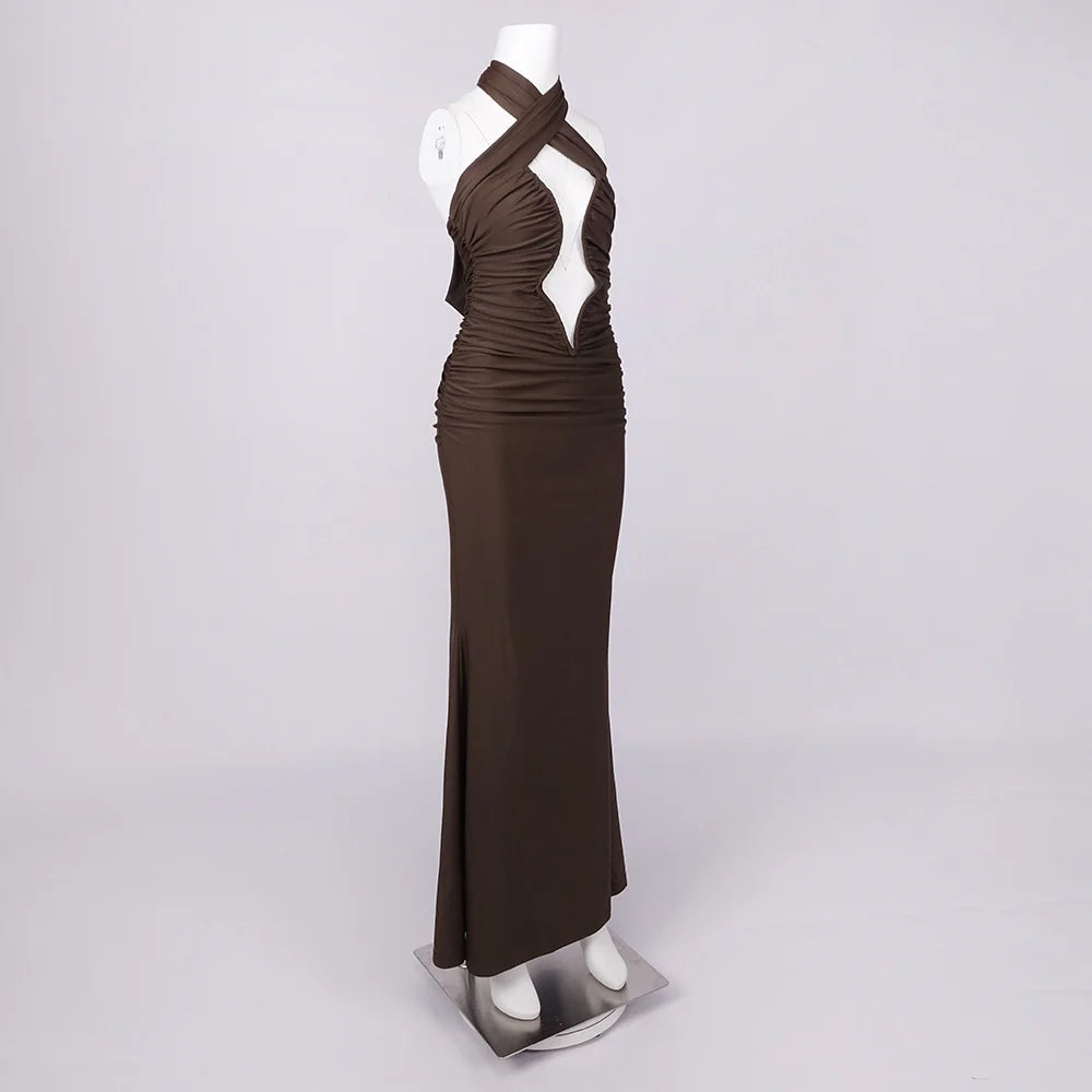 Brown Hollow Out Halter Satin Maxi Dress
