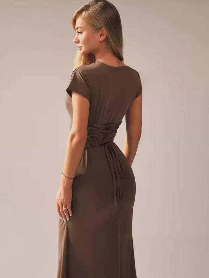 Vintage Short Sleeve Pleated Maxi  High Waist O-Neck Dress