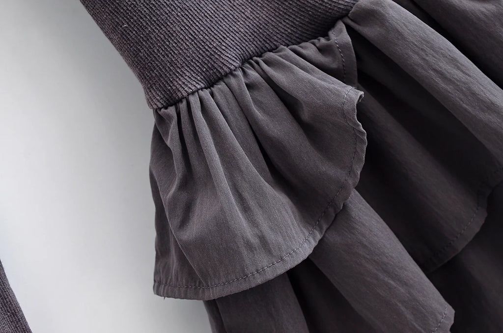Washed Effect Layered Long Sleeve Dress With Decorative Details
