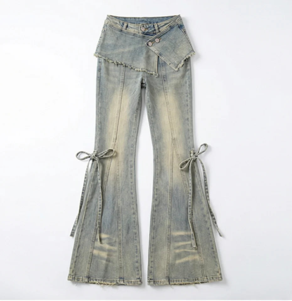 Vintage Denim Layered Skirt-Pants For Women Effortless Wide-Leg Jeans With Hip Hop Vibe