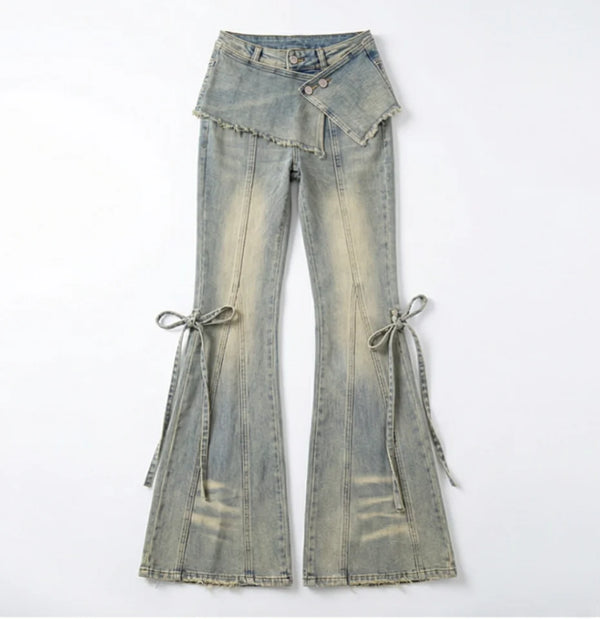Vintage Denim Layered Skirt-Pants For Women Effortless Wide-Leg Jeans With Hip Hop Vibe
