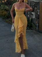 Silky Ruffle Sling Dress With Pleated Collar