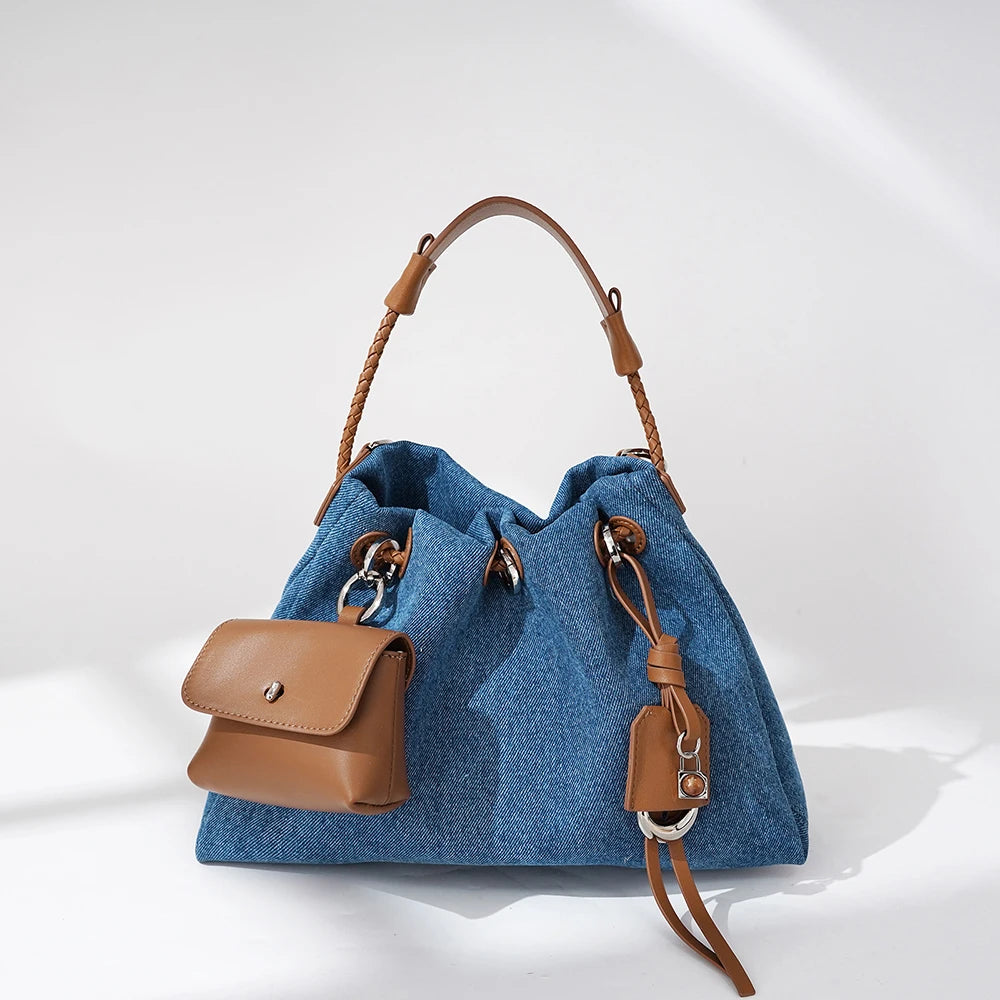 Boho Denim Patchwork Tote With Leather Trim And Versatile Drawstring Closure Bag