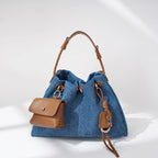 Boho Denim Patchwork Tote With Leather Trim And Versatile Drawstring Closure Bag