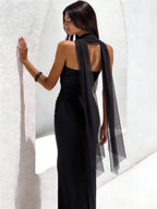 Strapless Ruched Maxi Evening Dress with Mesh Ribbon