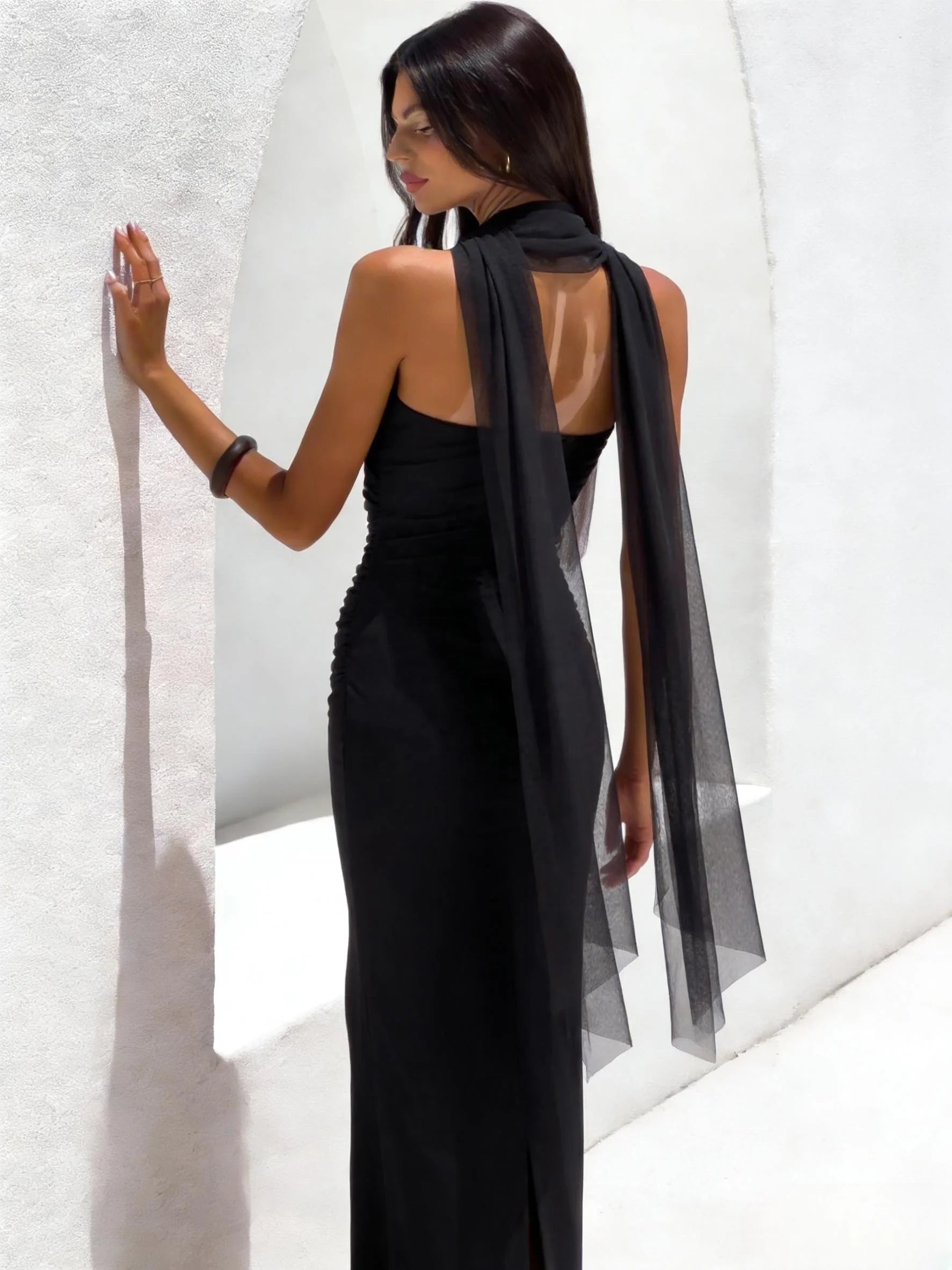 Strapless Ruched Maxi Evening Dress with Mesh Ribbon