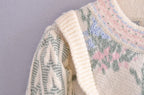 Front Wood Ears Ruffles Jacquard Cropped Sweater Vintage O neck Puff Sleeve Pullovers Short Jumper Knitwear