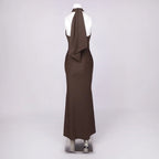 Brown Hollow Out Halter Satin Maxi Dress