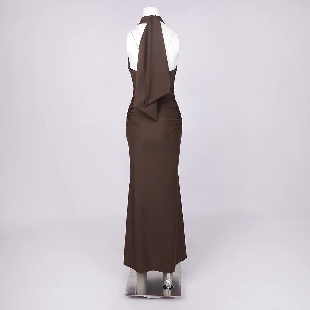 Brown Hollow Out Halter Satin Maxi Dress