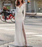 Romantic Deep V Lace Backless Mermaid Wedding Dress With Chiffon Long Sleeves And Slit