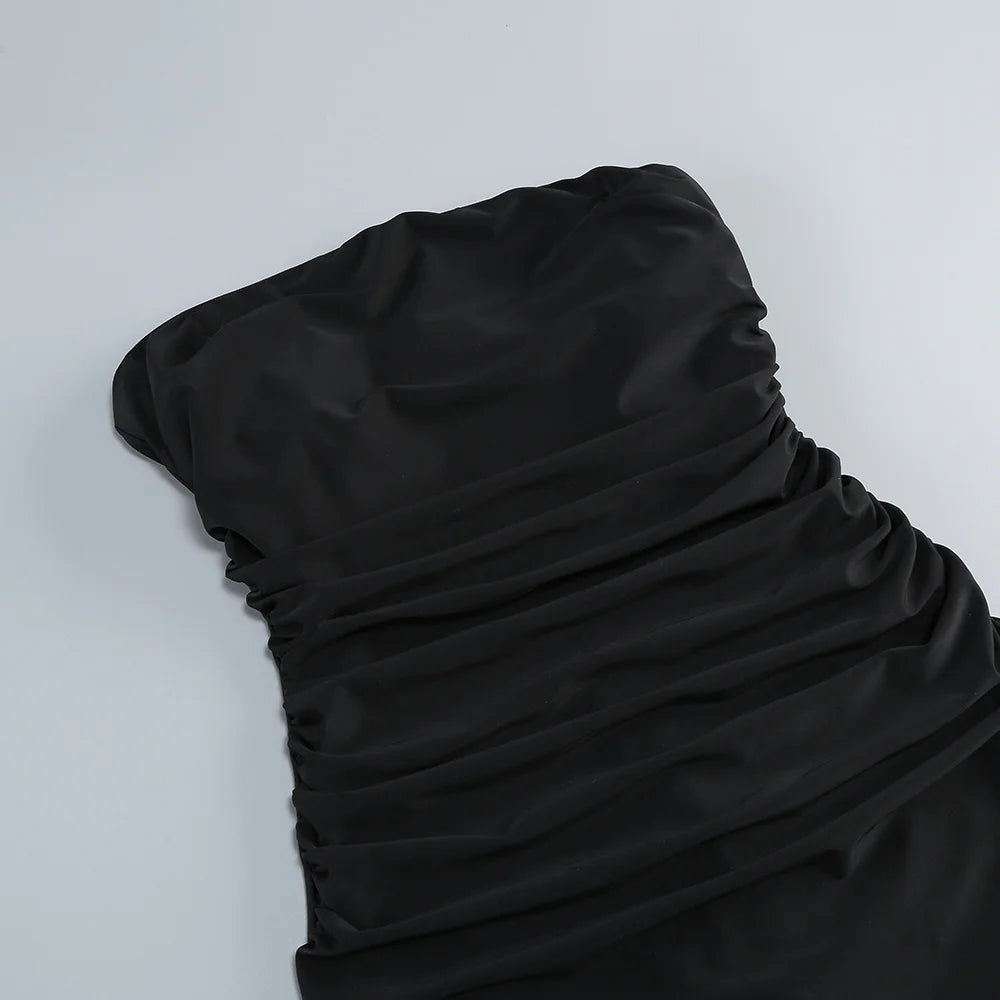 Strapless Ruched Maxi Evening Dress with Mesh Ribbon
