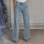 Vintage Beaded Denim Pants With High Waist And Straight Leg