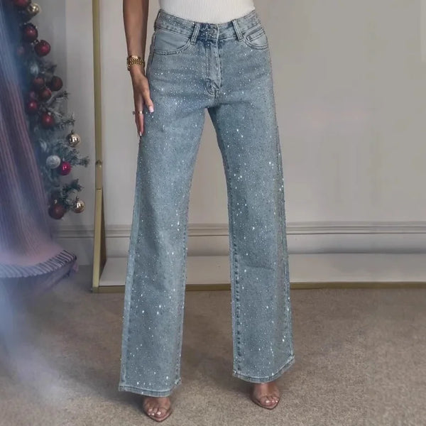 Vintage Beaded Denim Pants With High Waist And Straight Leg