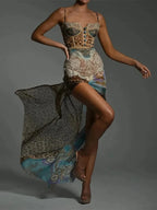 Leopard Print Chiffon Mesh Dress Off Shoulder See Through With High Waist Slit