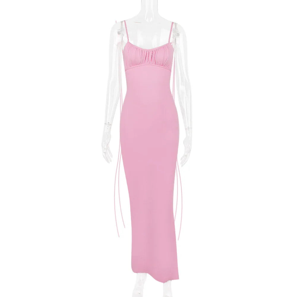 Backless Ruched Bodycon Pink V-Neck Strap Maxi Dress