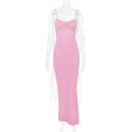 Backless Ruched Bodycon Pink V-Neck Strap Maxi Dress