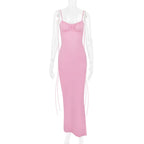 Backless Ruched Bodycon Pink V-Neck Strap Maxi Dress