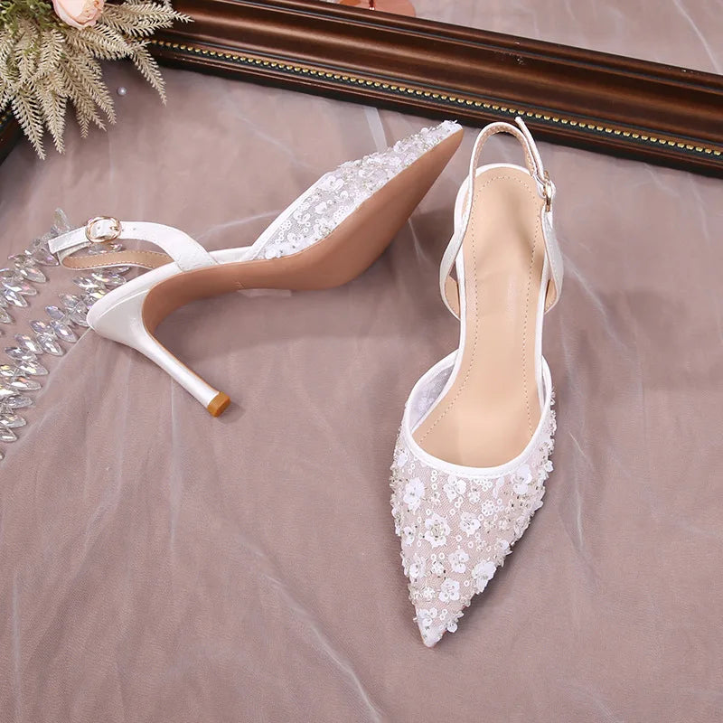 White Rhinestone Slingback Heels Women Luxury Sandals Elegant Evening Footwear Chic Boutique