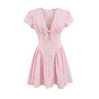 Princess Style Lace Mini Dress in Pink and White with Deep V Neck and Bow Cinched Waist