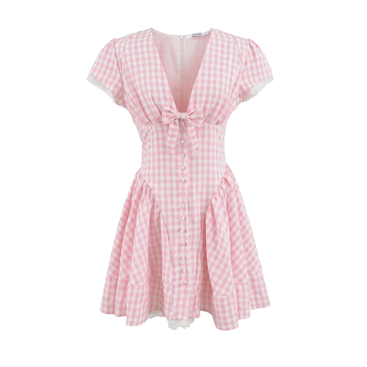 Princess Style Lace Mini Dress in Pink and White with Deep V Neck and Bow Cinched Waist