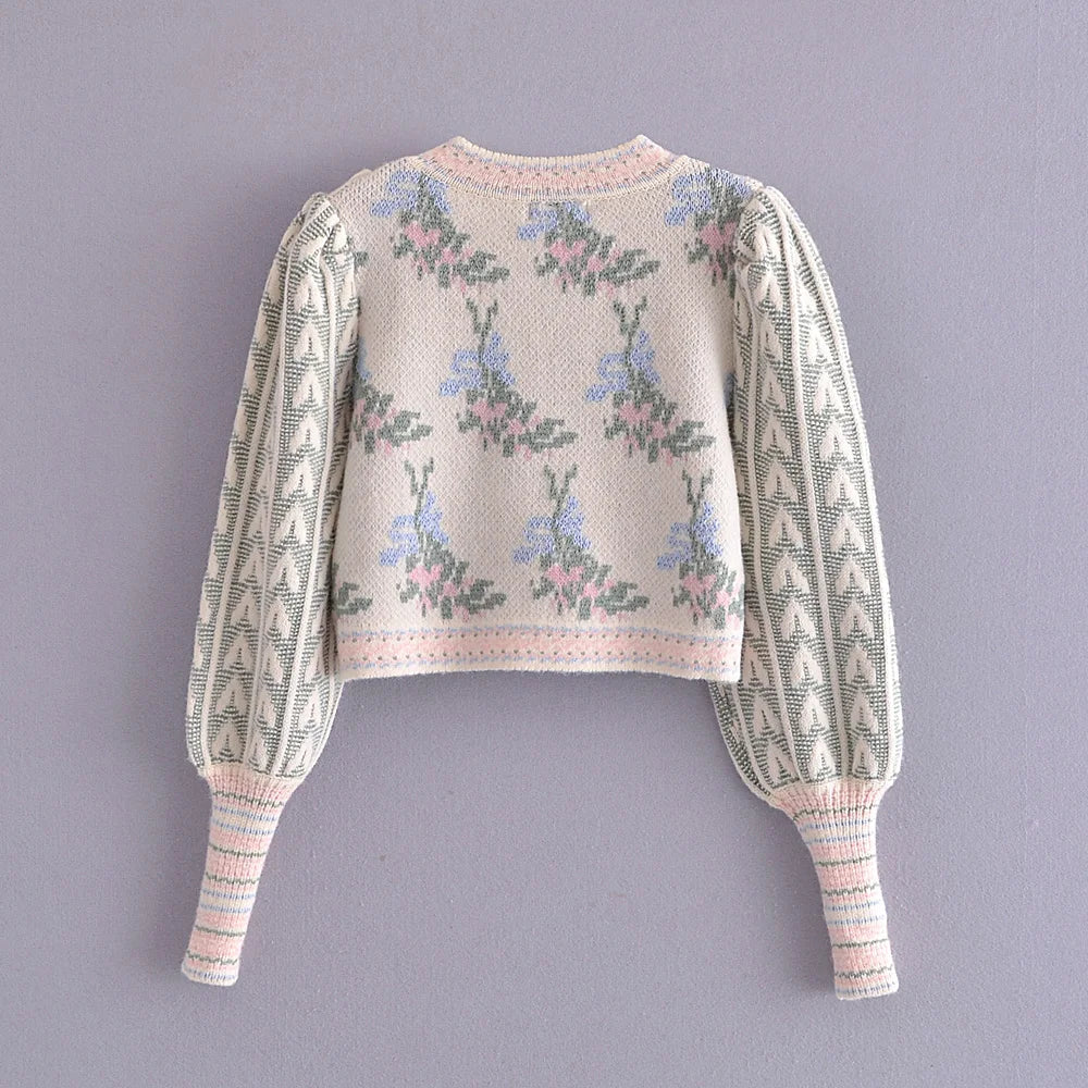 Front Wood Ears Ruffles Jacquard Cropped Sweater Vintage O neck Puff Sleeve Pullovers Short Jumper Knitwear