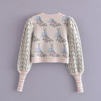 Front Wood Ears Ruffles Jacquard Cropped Sweater Vintage O neck Puff Sleeve Pullovers Short Jumper Knitwear