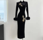 Velvet Cheongsam Dress With Embroidered Detailing And Fox Fur Trim In Gold Glow