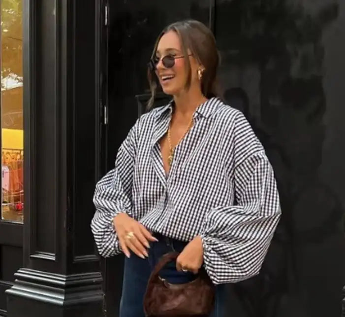 Black Lattice Plaid Oversized Shirt With Puff Sleeves