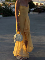 Silky Ruffle Sling Dress With Pleated Collar